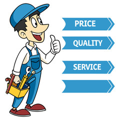 Thumbs Up Mechanic Vector with Pricing and Quality Concept Business Promotion Graphic