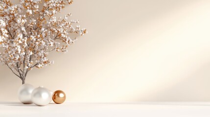 Snowy Tree with Orbs Minimalist Style High-Resolution Rendering Wide Angle Shot Festive Decorations Peaceful Scene Soft Beige Tones Ideal for Holiday Branding