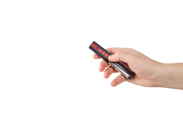 black remote with red buttons in human hand on white background, ideal for universal garage...