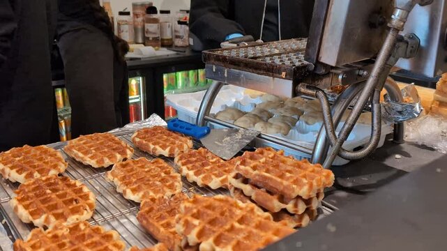 Delicious freshly made traditional Belgian Liege waffles on display in bakery