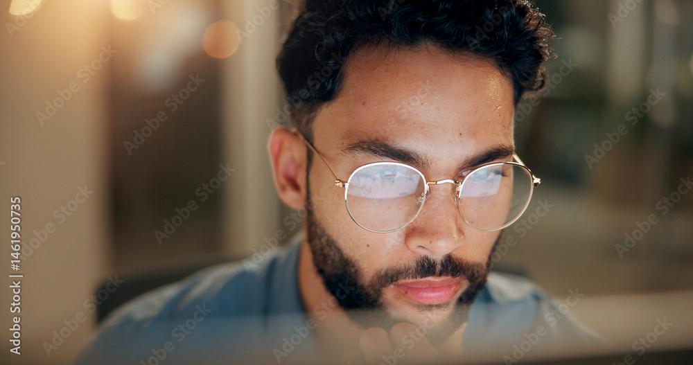 Poster Computer, man and coder with glasses in office with web development, cybersecurity or tech project. IT, problem solving and programmer with brainstorming for cloud computing in workplace at night.