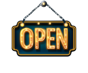open led sign, hanging, luminous yellow letters, cut out white background