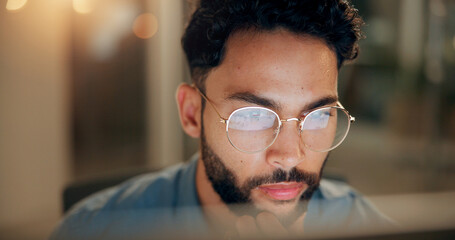 Computer, man and coder with glasses in office with web development, cybersecurity or tech project....