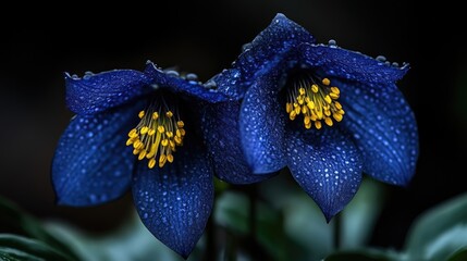 Deep blue flowers with water droplets