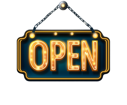 open led sign, hanging, luminous yellow letters, cut out white background