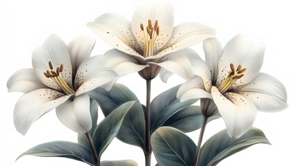 Three white flowers with green leaves