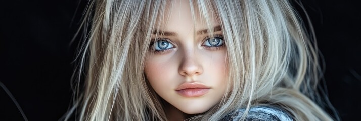 Close-up portrait of a young woman with striking eyes and silver hair