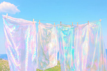 Sheer, shimmering fabrics hang on a clothesline against a bright blue sky, reflecting light in a rainbow of colors.