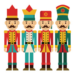 Four illustrated nutcracker soldiers stand in a row, each in a distinct uniform on white background