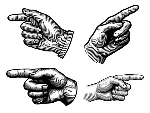 Hand pointer index finger Set collection bundle sketch engraving generative ai PNG illustration. Scratch board imitation. Black and white image.