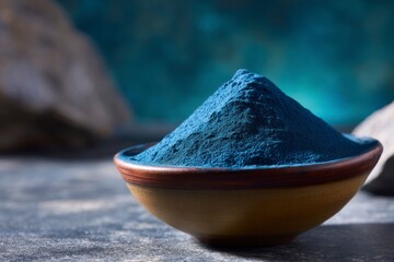 Blue Spirulina Powder Pile in Bowl for Healthy Eating Concept
