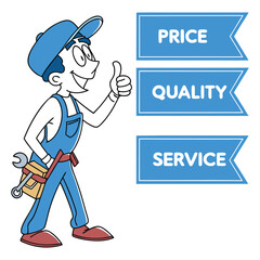 Flat Style Technician Mascot Holding Tools Quality Service and Affordable Pricing Design