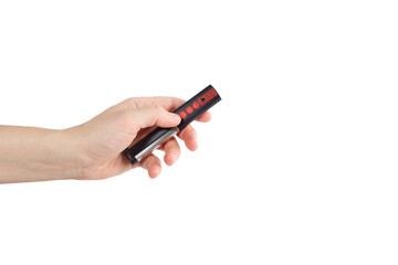 universal remote control with red buttons held in hand against white background, perfect for smart...