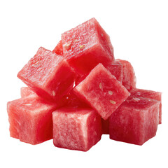 Perfectly Diced Watermelon Cubes Arranged in a Small Pile on Transparent Background

