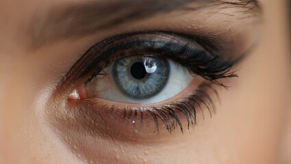 Obraz premium Close-up of a woman's eye, featuring a flawless makeup look with dark eyeliner, bold eyeshadow, and thick lashes.