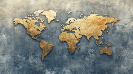 World map, gold embossed on a textured background