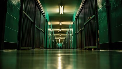 Long corridor of dark teal animal cages