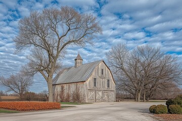 Rustic barn with a touch of elegance under a partly cloudy sky