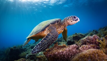 green sea turtle swimming over reef in hawaii