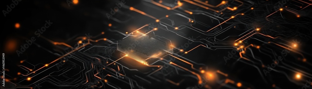 Poster High Tech Circuit Board Design with Glowing Orange Light Trails on Dark Background for Modern Technology Concepts