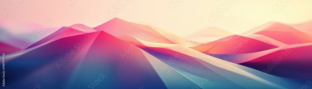 Poster layered abstract geometric landscape in pink and blue tones with soft lighting and triangle shapes b