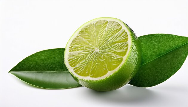 fresh green lemon with leaf on white background