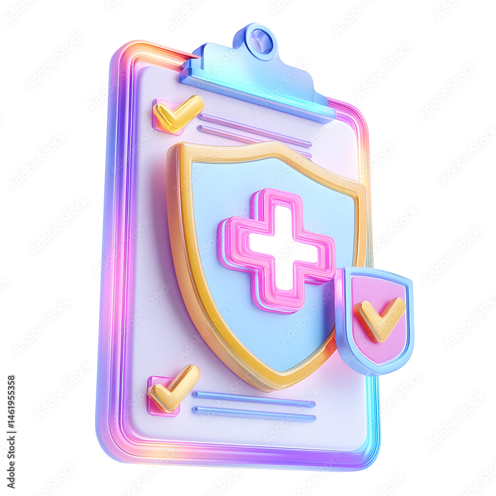 Fototapete vibrant and bright pastel colored 3d of a medical clipboard with a glowing cross symbol and a shield