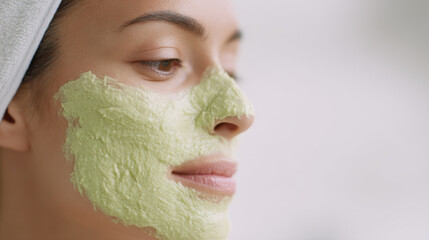 Woman with towel applying avocado face mask, enjoying skincare routine