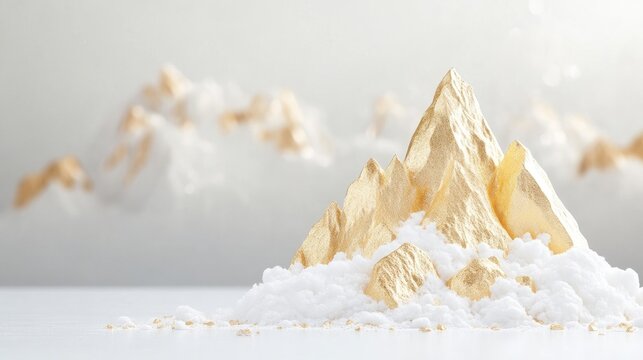 Golden Mountain Range Snowy Peaks Minimalist Style High-Resolution Soft Lighting Close-up View Textured Surface Achievement Concept Cloudy Background Elegant Tones Luxury Branding Use