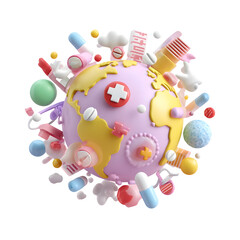Playful pastel 3D depiction of worldwide medical support combining a stylized globe and various healthcare icons in a vibrant minimalist composition