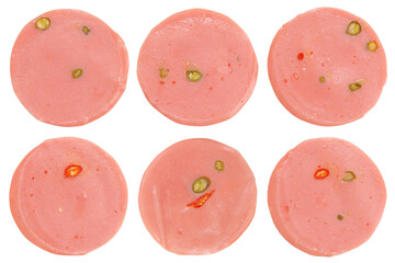 Set of bologna sausages stuffed with chili isolated on transparent background. Top view  