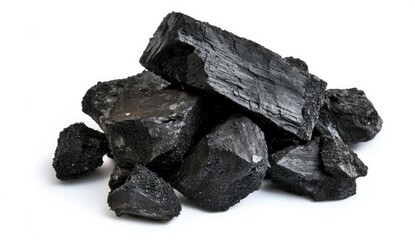 Obraz premium Pile of dark charcoal briquettes. Dense, irregular shapes, varying sizes, stacked loosely against each other on a white background