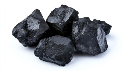 Pile of dark gray coal chunks on white background.  Close-up view of several rough-edged, irregular pieces