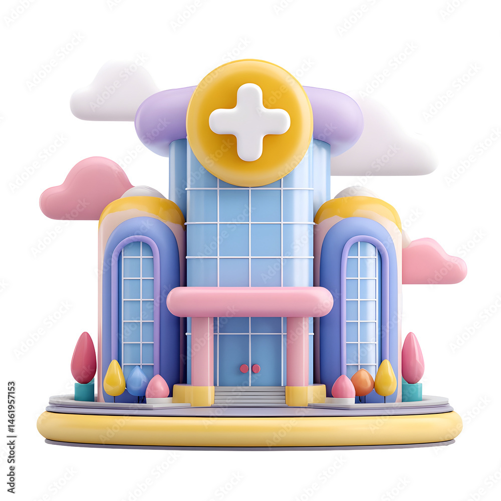 Leinwandbilder A bright and inviting 3D render of a stylized pastel colored healthcare clinic building with a cheerful toy like design and rounded architectural elements