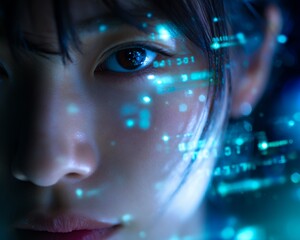 デジタルコードが投影された女性の目元