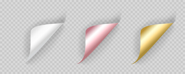 Vector illustration of a realistic page curl effect in white, pink, and gold tones. Ideal for branding, web design, and print materials. Easily customizable and isolated on a transparent