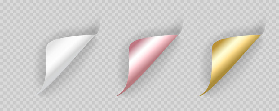 Vector illustration of a realistic page curl effect in white, pink, and gold tones. Ideal for branding, web design, and print materials. Easily customizable and isolated on a transparent