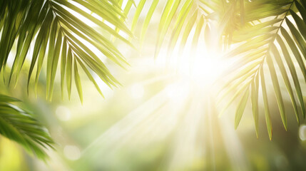 Obraz premium Tropical sunlight filtering through lush palm leaves, relaxing vacation background