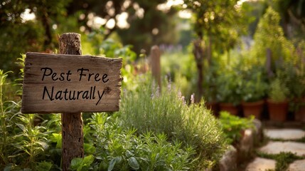 Homemade organic pesticides. Rustic sign in a lush garden promoting natural pest control methods.