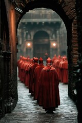 Cardinals in red ceremonial robes walking in line through a narrow ancient alleyway towards a historic building under soft moody lighting perfect for spiritual tradition themes