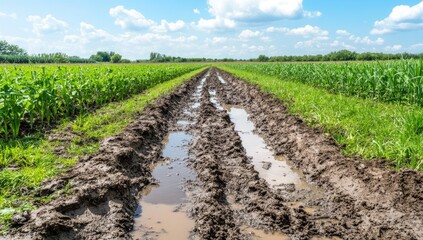 Muddy farm track through vibrant green cornfields