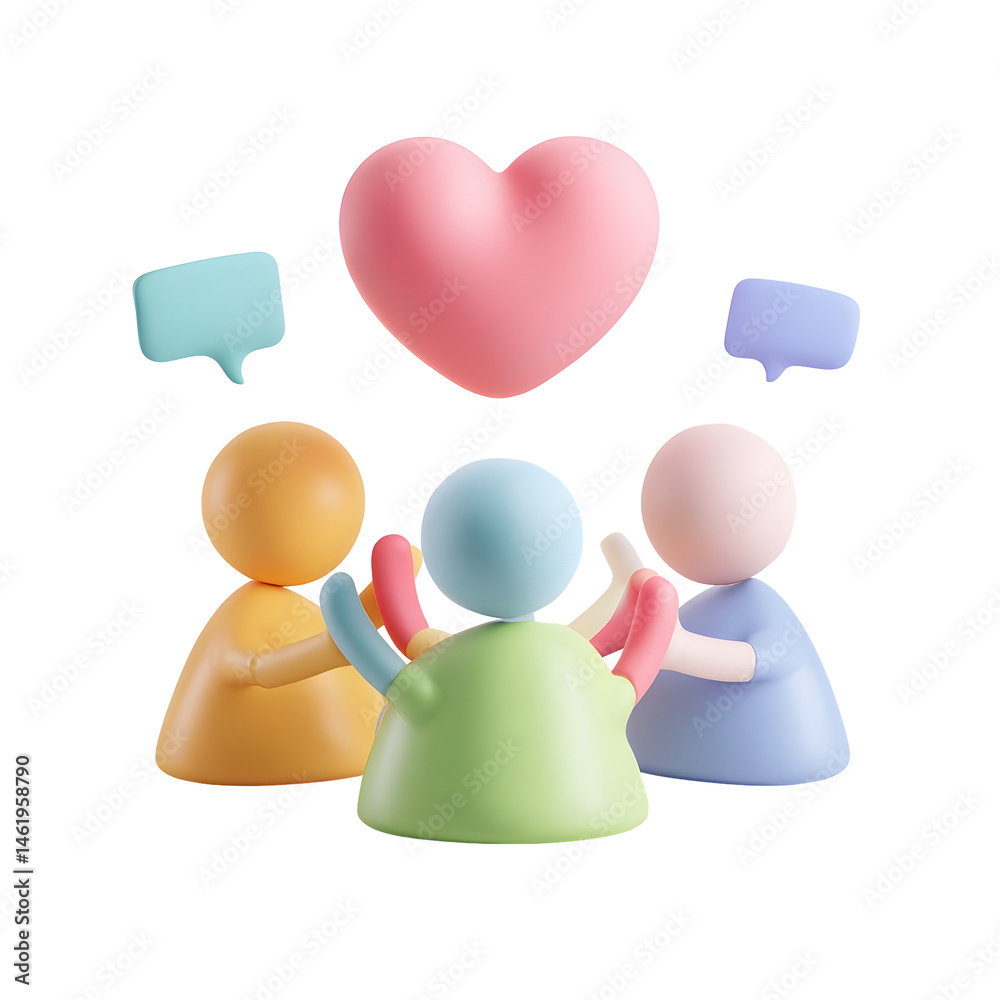 Aufkleber Colorful 3D depiction of a supportive with four rounded human icons of diverse backgrounds and a glowing pastel heart hovering above symbolizing connection empathy and
