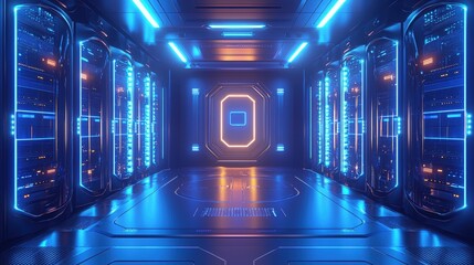 A futuristic server room illuminated with neon blue lights displays advanced computing infrastructure for data management and processing power.