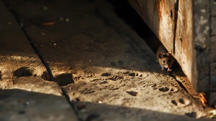 Fototapeta premium Mouse Footprints in Dust: Tiny mouse footprints in a dusty attic, with a mouse peeking from a hole. 