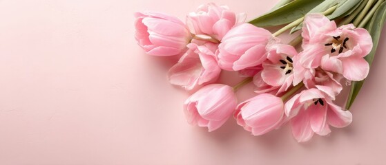 Obraz premium Delicate pink tulips bouquet on pastel background, symbolizing springtime, love, and feminine beauty in a floral arrangement
