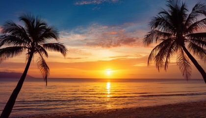 Fototapeta na wymiar a beautiful sunset over the ocean with two palm trees in the foreground