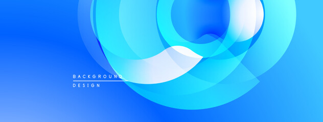 Abstract blue design features layered circles, gradients. Modern aesthetic suitable for banners, backgrounds, presentations. Smooth transitions create depth.