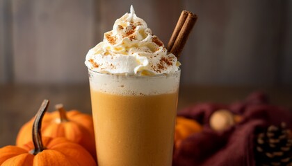 fall pumpkin spice milkshake with whipped cream and a dash of cinnamon in a close up shot