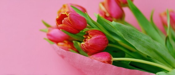 Fresh Red and Pink Tulips Bouquet Wrapped in Pink Paper on Pink Background Concept of Spring, Love, Romance, Gift, and Celebration
