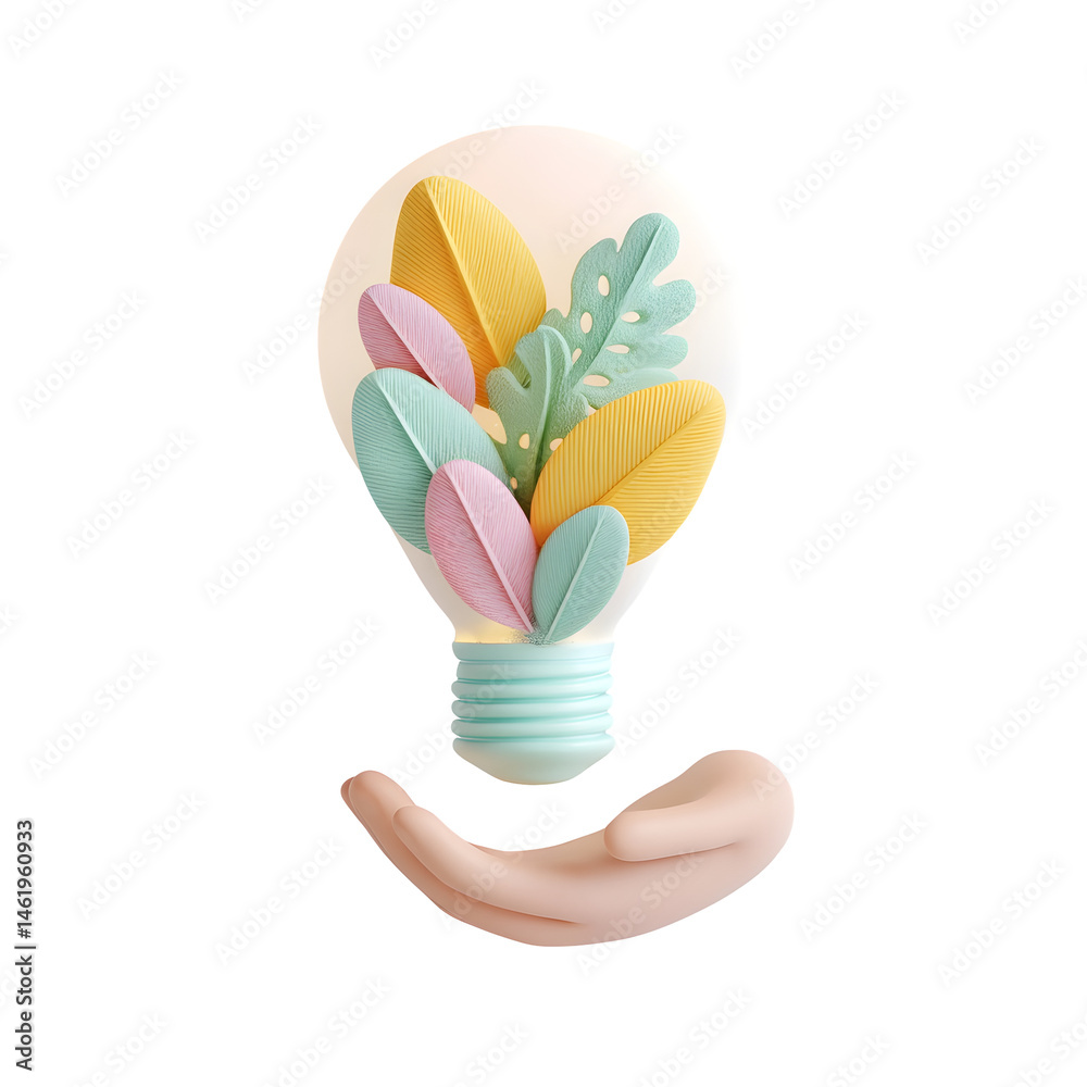 Poster A visually striking 3D rendering of a light bulb with a leafy nature inspired interior floating above a caring hand in soothing pastel tones   a symbol of renewable energy and innovative